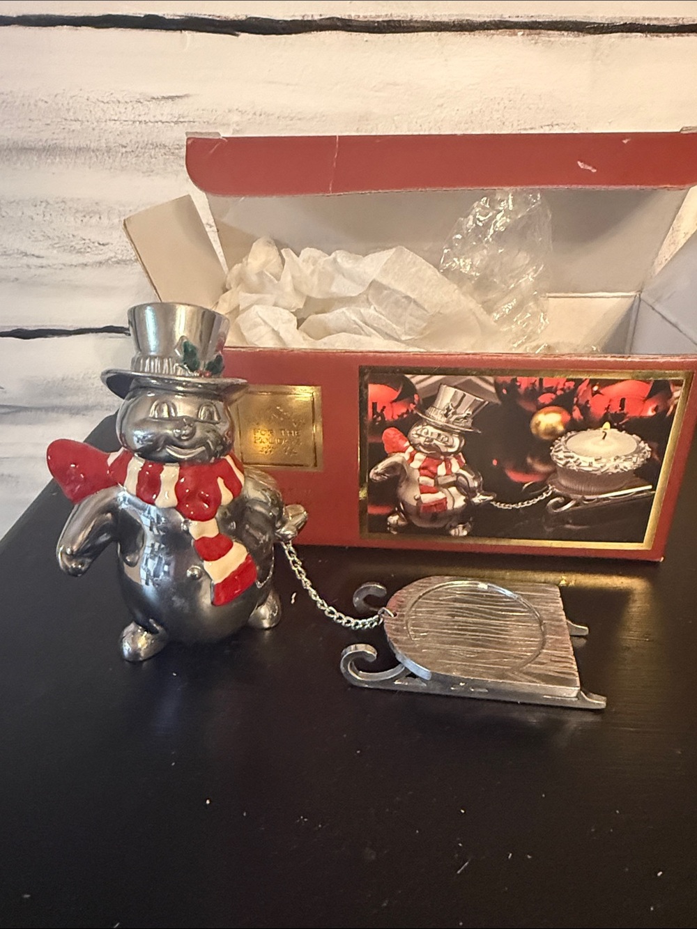 Lenox Silver Snowman Figurine with Red & White Scarf and Sled Holiday Decor